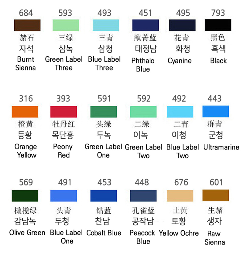 마리 동양화물감 36색 12ml 색상표